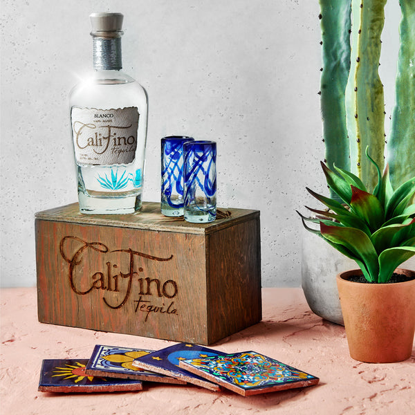 CaliFino Gift Set For Her <br> w/ Talavera Tile Coasters <br> Hand Blown Shot Glasses & CaliFino Blanco Tequila Purely Unaged